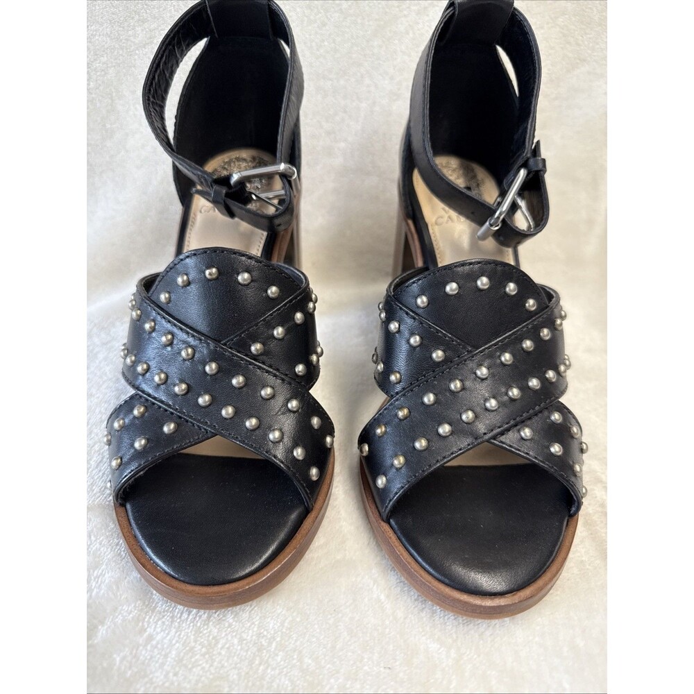 Vince Camuto Keresha Black Leather Open Toe Ankle Strap Sandals Block Heel Sz 7